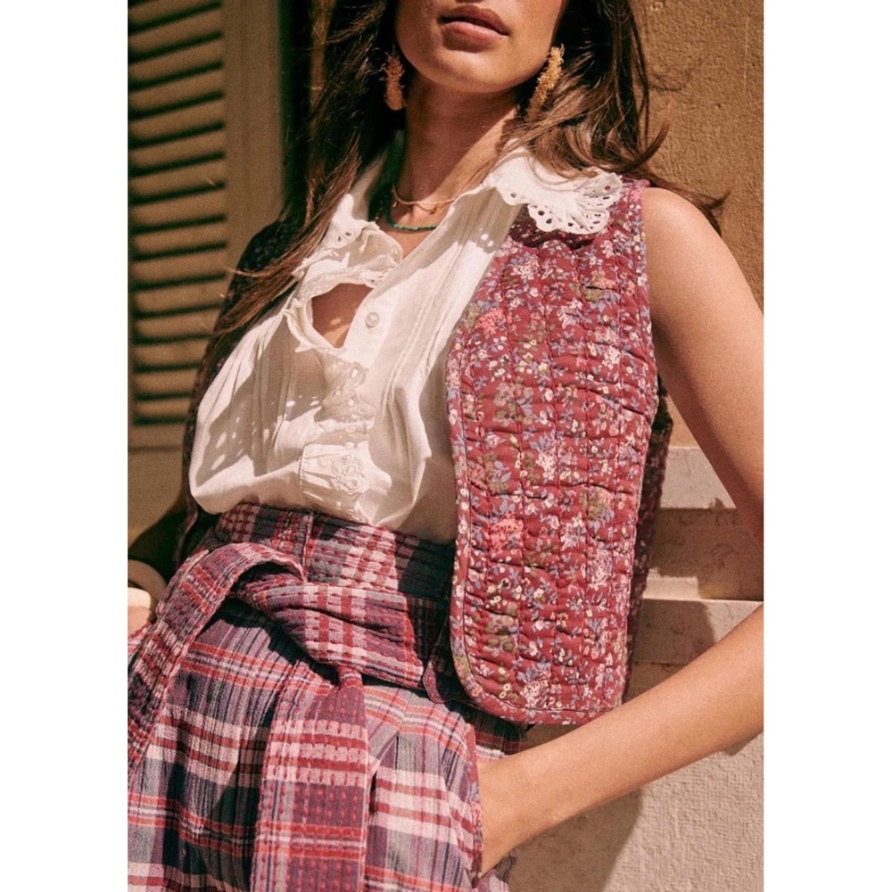 Sezane Blaire Vest Reversible Floral Plaid Quilted Sleeveless Jacket Pink M New